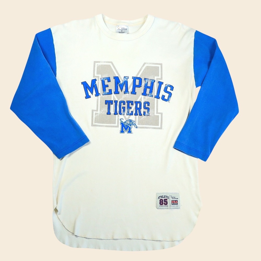 The Cotton Exchange Memphis Tigers Med Cream Blue Raglan Baseball T-Shirt USA